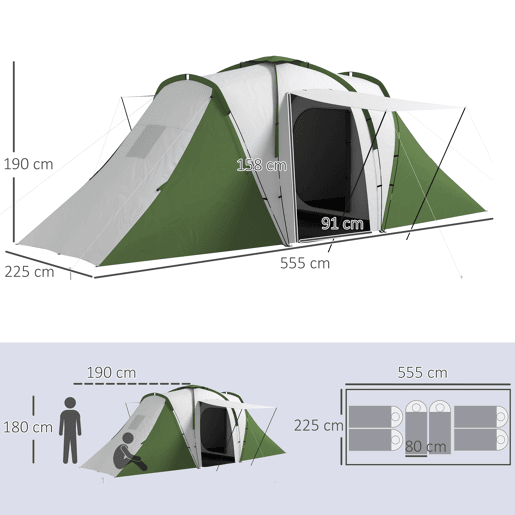 Outsunny Tenda de Campismo Familiar para 4-6 Pessoas com 2 Dormitórios Tenda de Campismo Grande Impermeável 3000 mm com Bolsa de Transporte 555x225x190 cm Cinza e Verde