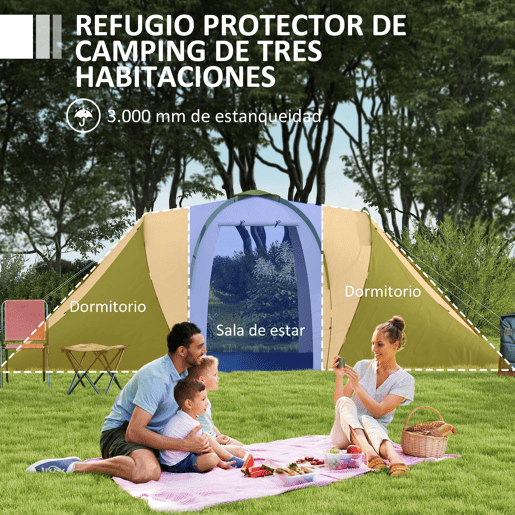 Outsunny Tenda de Campismo Familiar para 4-6 Pessoas com 2 Dormitórios Tenda de Campismo Grande Impermeável 3000 mm com Bolsa de Transporte 555x225x190 cm Cinza e Verde
