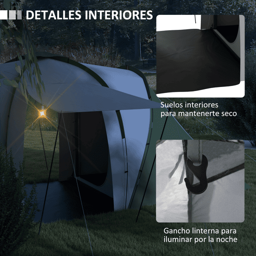 Outsunny Tenda de Campismo Familiar para 4-6 Pessoas com 2 Dormitórios Tenda de Campismo Grande Impermeável 3000 mm com Bolsa de Transporte 555x225x190 cm Cinza e Verde