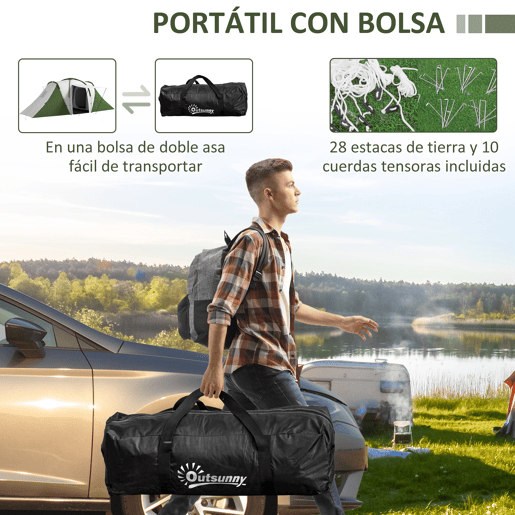 Outsunny Tenda de Campismo Familiar para 4-6 Pessoas com 2 Dormitórios Tenda de Campismo Grande Impermeável 3000 mm com Bolsa de Transporte 555x225x190 cm Cinza e Verde