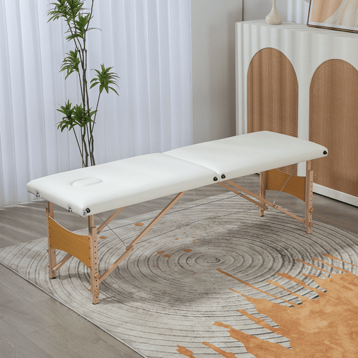 HOMCOM Marquesa de Massagem Dobrável Portátil com Reposacabeças, Estrutura em Madeira, Altura Ajustável e Bolsa de Transporte 186x60x61-87 cm Creme