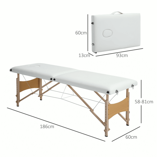 HOMCOM Marquesa de Massagem Dobrável Portátil com Reposacabeças, Estrutura em Madeira, Altura Ajustável e Bolsa de Transporte 186x60x61-87 cm Creme