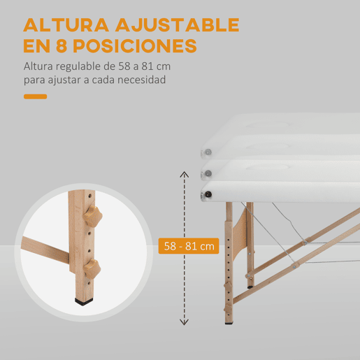HOMCOM Marquesa de Massagem Dobrável Portátil com Reposacabeças, Estrutura em Madeira, Altura Ajustável e Bolsa de Transporte 186x60x61-87 cm Creme
