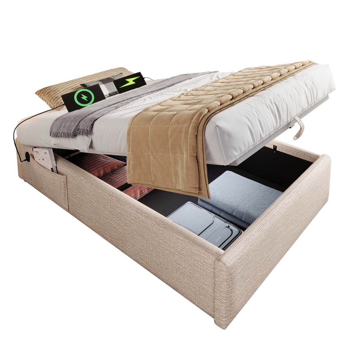 Cama individual de lino 90x200cm con almacenaje,beige
