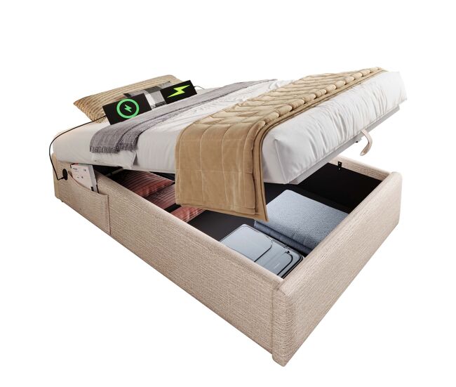 Cama individual de lino 90x200cm con almacenaje,beige