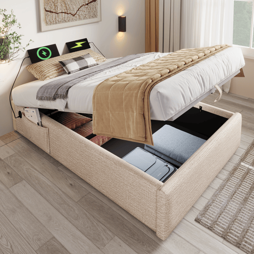 Cama de solteiro de linho 90x200cm com armazenamento,bege