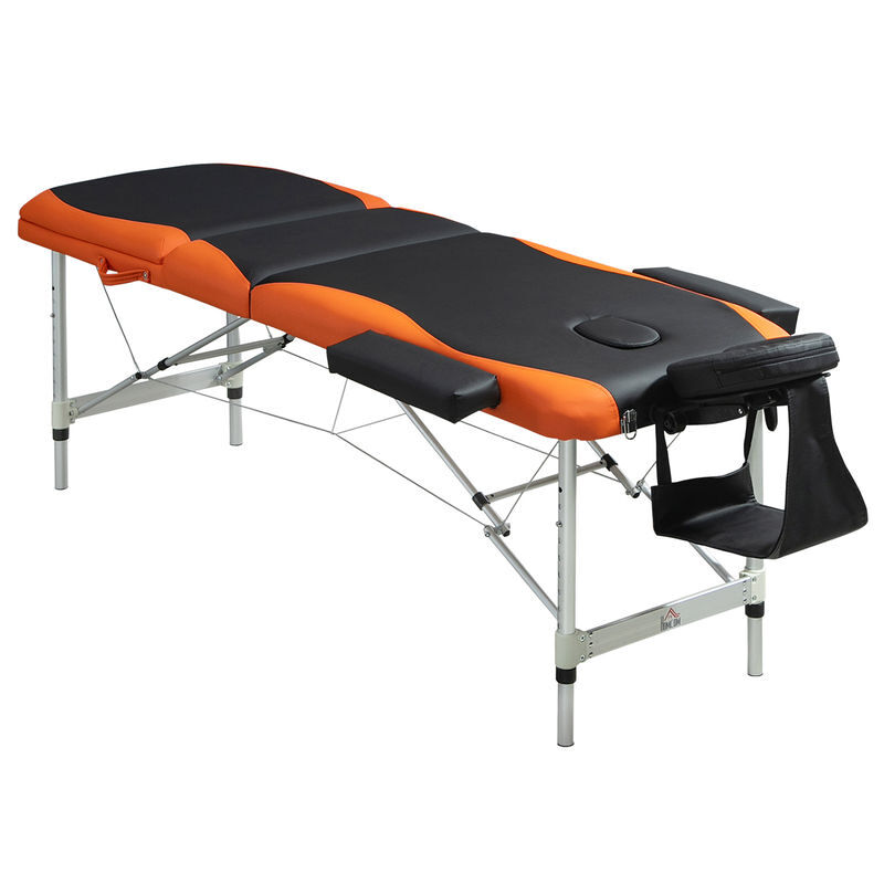 Homcom camilla de masaje plegable y portátil 185x60x62-82 cm mesa ajustable en altura con reposacabezas y apoyabrazos para tatuaje fisioterapia negro y naranja