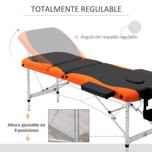 HOMCOM Marquesa de Massagem Dobrável e Portátil com Altura Ajustável Apoio para a Cabeça e Apoio para os Braços 210x81x62-85 cm Laranja e Preto
