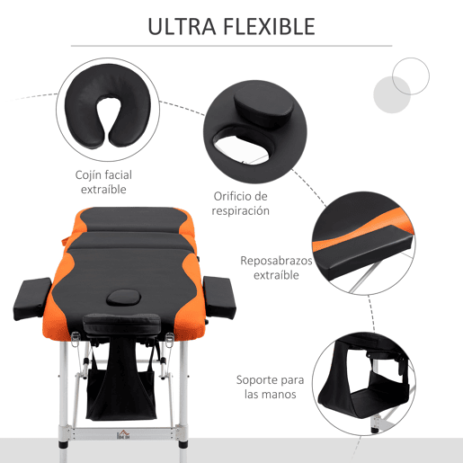 HOMCOM Marquesa de Massagem Dobrável e Portátil com Altura Ajustável Apoio para a Cabeça e Apoio para os Braços 210x81x62-85 cm Laranja e Preto