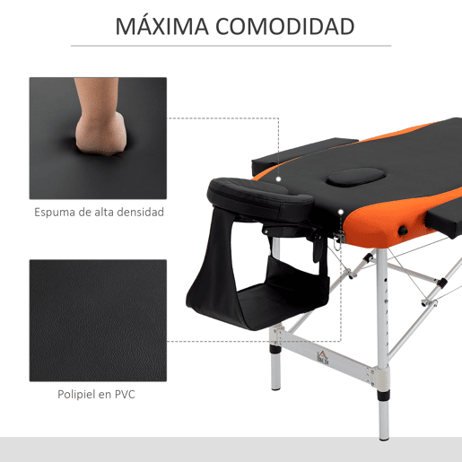 HOMCOM Marquesa de Massagem Dobrável e Portátil com Altura Ajustável Apoio para a Cabeça e Apoio para os Braços 210x81x62-85 cm Laranja e Preto