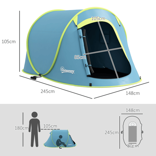 Outsunny Tenda de Campismo para 1-2 Pessoas Tenda de Campismo Impermeável de 2000 mm com Bolsa de Transporte para Campismo Pesca Trekking 245x148x105 cm Azul