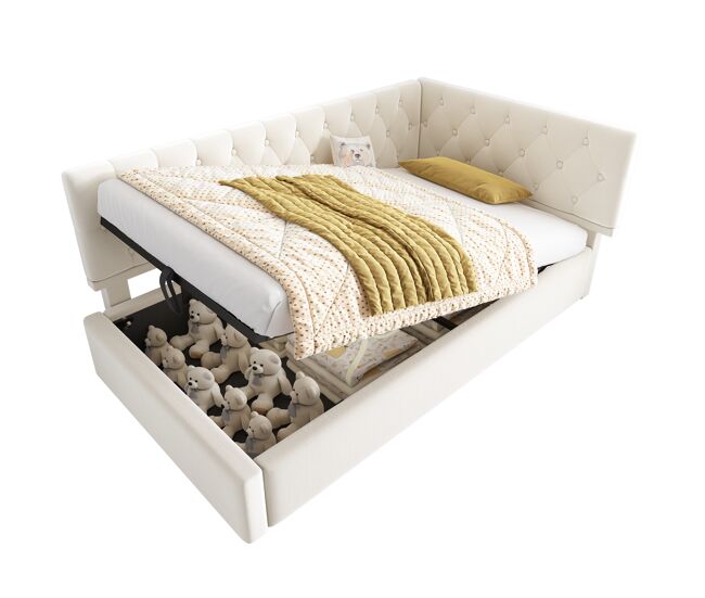 Cama individual de terciopelo 90x200cm con almacenaje,beige