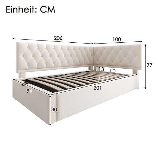 Cama de solteiro de veludo 90x200cm com armazenamento,bege