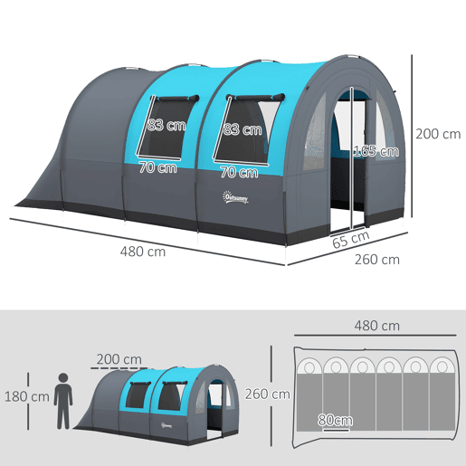 Outsunny Tenda de Campismo Familiar para 3 Pessoas Tenda de Campismo Dobrável com 2 Quartos Portas e Bolsa de Transporte Impermeável 3000 mm para Trekking 480x260x200 cm Cinza