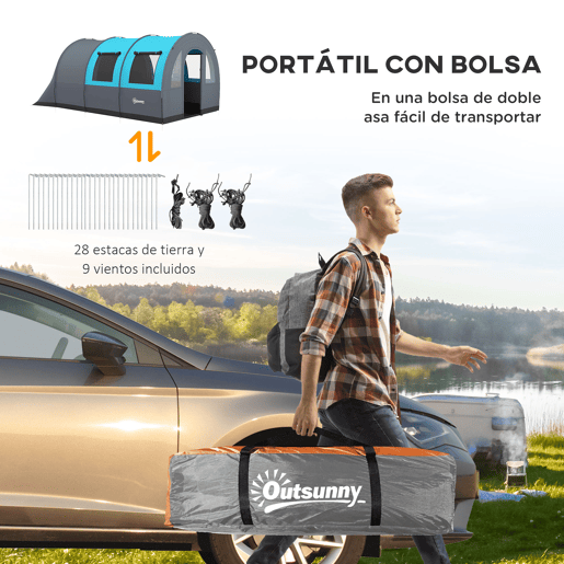 Outsunny Tenda de Campismo Familiar para 3 Pessoas Tenda de Campismo Dobrável com 2 Quartos Portas e Bolsa de Transporte Impermeável 3000 mm para Trekking 480x260x200 cm Cinza