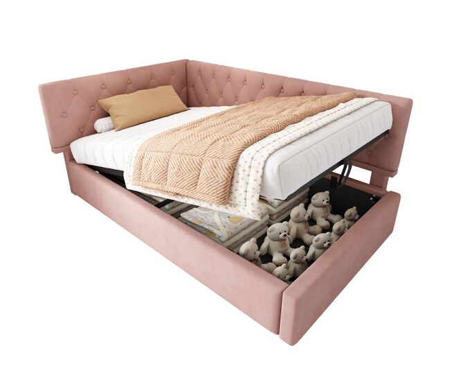 Cama individual de terciopelo 90x200cm con almacenaje,rosa