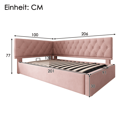 Cama de solteiro de veludo 90x200cm com armazenamento,rosa