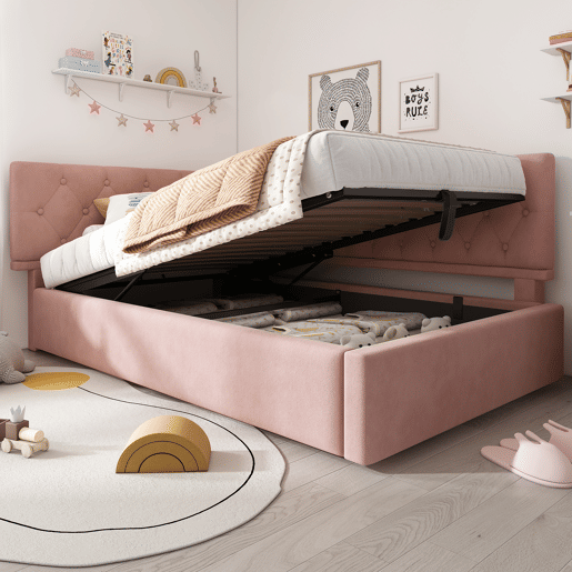Cama de solteiro de veludo 90x200cm com armazenamento,rosa