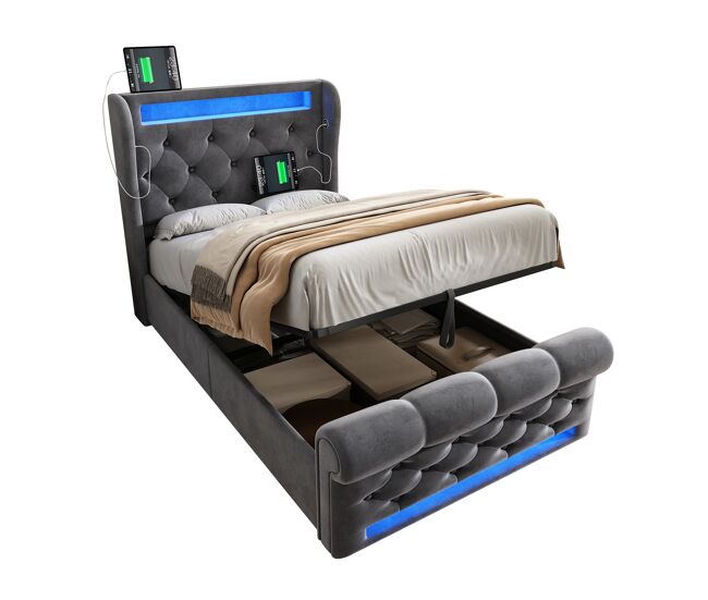 Cama individual de terciopelo 90x200cm con almacenaje y luz led,gris