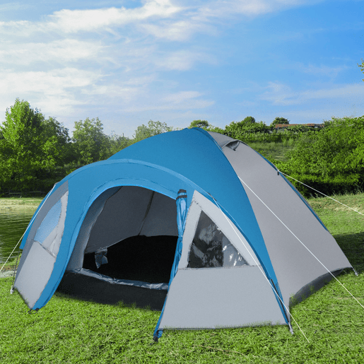 Outsunny Tenda de Campismo para 3 Pessoas Dupla Camada com Janelas, 2 Bolsos e Bolsa de Transporte 250x300x130 cm Cinzento e Azul