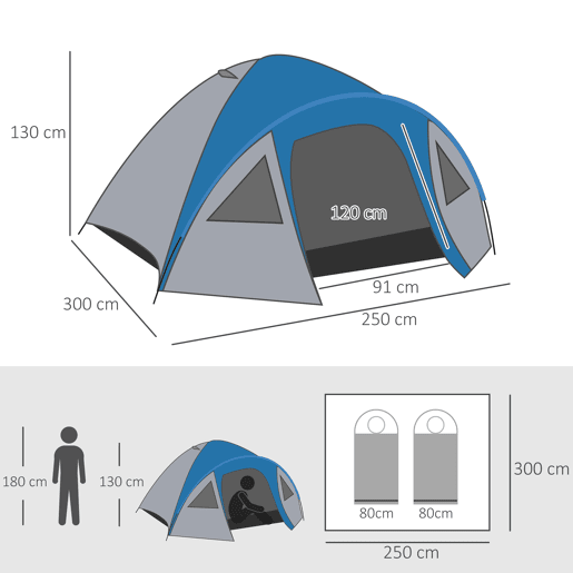 Outsunny Tenda de Campismo para 3 Pessoas Dupla Camada com Janelas, 2 Bolsos e Bolsa de Transporte 250x300x130 cm Cinzento e Azul