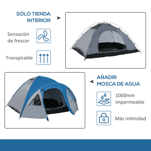 Outsunny Tenda de Campismo para 3 Pessoas Dupla Camada com Janelas, 2 Bolsos e Bolsa de Transporte 250x300x130 cm Cinzento e Azul