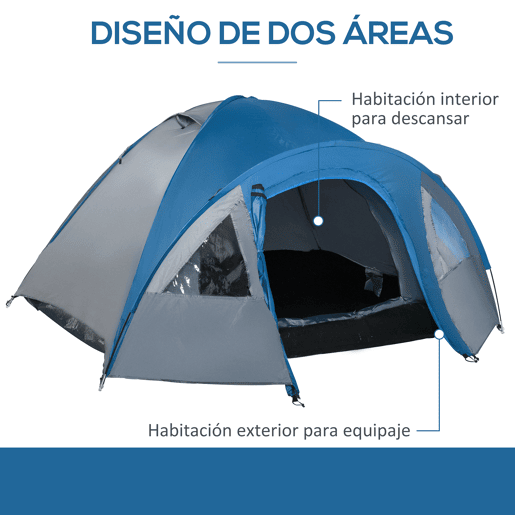 Outsunny Tenda de Campismo para 3 Pessoas Dupla Camada com Janelas, 2 Bolsos e Bolsa de Transporte 250x300x130 cm Cinzento e Azul