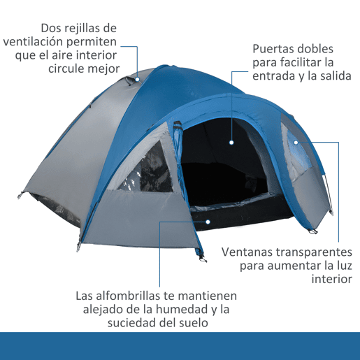 Outsunny Tenda de Campismo para 3 Pessoas Dupla Camada com Janelas, 2 Bolsos e Bolsa de Transporte 250x300x130 cm Cinzento e Azul