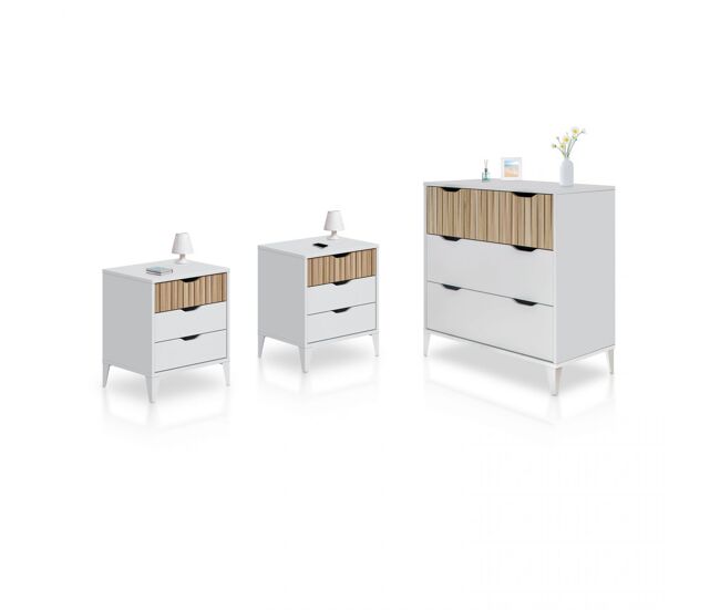 Pack dormitorio con mesitas de noche y cómoda en blanco artik y natur 70,5 cm nitza on blanco artik (blanco mate) - natur 70,5 x 76 x 40 cm