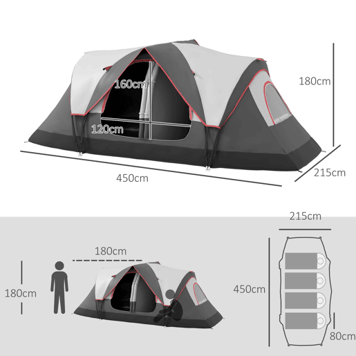 Outsunny Tenda de Campismo Familiar para 5-6 Pessoas Tenda de Campismo Dobrável com 2 Quartos e Bolsa de Transporte Impermeável para Trekking 450x215x180 cm Cinza