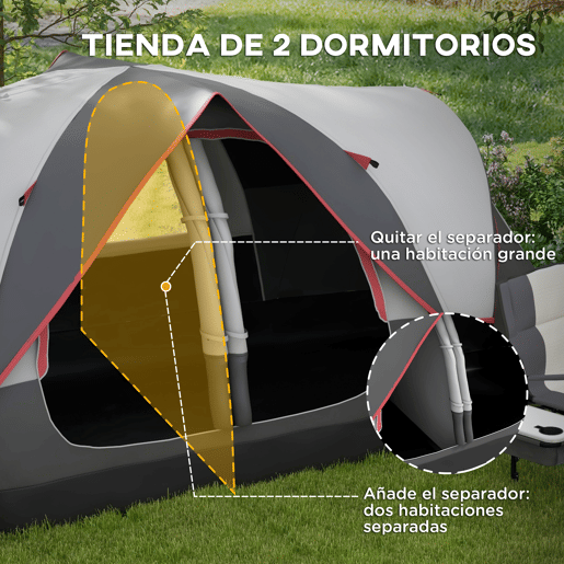 Outsunny Tenda de Campismo Familiar para 5-6 Pessoas Tenda de Campismo Dobrável com 2 Quartos e Bolsa de Transporte Impermeável para Trekking 450x215x180 cm Cinza