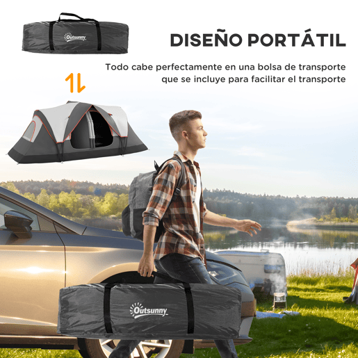 Outsunny Tenda de Campismo Familiar para 5-6 Pessoas Tenda de Campismo Dobrável com 2 Quartos e Bolsa de Transporte Impermeável para Trekking 450x215x180 cm Cinza