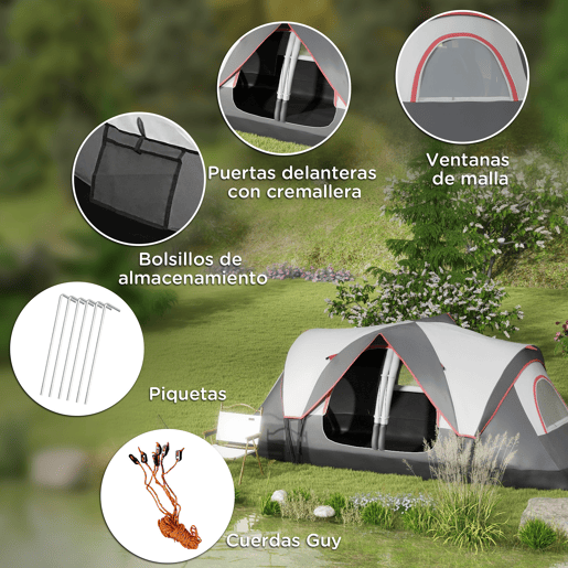 Outsunny Tenda de Campismo Familiar para 5-6 Pessoas Tenda de Campismo Dobrável com 2 Quartos e Bolsa de Transporte Impermeável para Trekking 450x215x180 cm Cinza