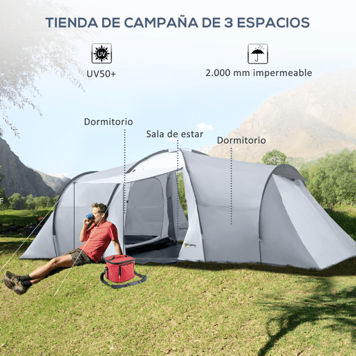 Outsunny Tenda de Campismo Familiar para 4-6 Pessoas Tenda de Campismo Dobrável com 2 Janelas e Bolsa de Transporte Impermeável Anti-UV para Caminhadas 590x245x193 cm Cinza