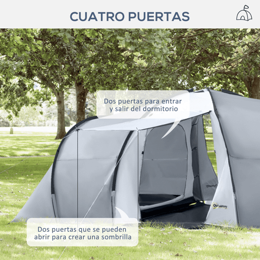 Outsunny Tenda de Campismo Familiar para 4-6 Pessoas Tenda de Campismo Dobrável com 2 Janelas e Bolsa de Transporte Impermeável Anti-UV para Caminhadas 590x245x193 cm Cinza