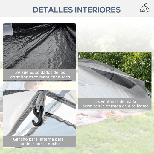 Outsunny Tenda de Campismo Familiar para 4-6 Pessoas Tenda de Campismo Dobrável com 2 Janelas e Bolsa de Transporte Impermeável Anti-UV para Caminhadas 590x245x193 cm Cinza