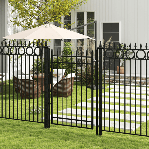 Outsunny Porta para Vedação de Jardim de Aço Galvanizado com Decoração de Setas Fechadura e Chaves Porta de Vedação para Exterior Pátio 107x204 cm Preto