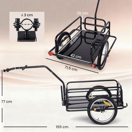 HOMCOM Reboque de Carga para Bicicleta Carrinho Dobrável para Bicicleta com 2 Rodas Refletores Seguros Carga 40 kg 155x71,5x77 cm Preto