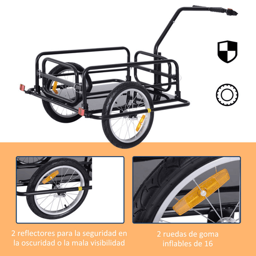 HOMCOM Reboque de Carga para Bicicleta Carrinho Dobrável para Bicicleta com 2 Rodas Refletores Seguros Carga 40 kg 155x71,5x77 cm Preto