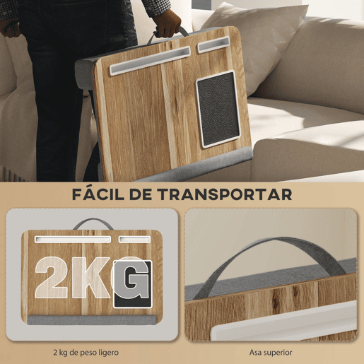 HOMCOM Suporte para Portátil com Amofada Suporte para Portátil com Ranhura para Tablet Almofada para Mouse Apoio para os Punhos Mesa para Portátil para Casa Escritório 55,5x37x9 cm Carvalho