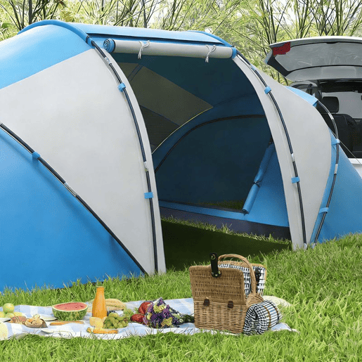 Outsunny Tenda de Campismo Familiar para 4 Pessoas Tenda de Campismo Dobrável com Bolsa de Transporte Impermeável para Praia Parque 430x240x170 cm Azul e Branco