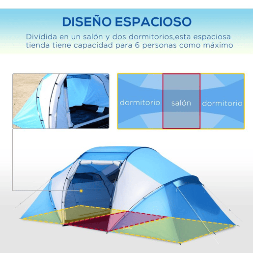 Outsunny Tenda de Campismo Familiar para 4 Pessoas Tenda de Campismo Dobrável com Bolsa de Transporte Impermeável para Praia Parque 430x240x170 cm Azul e Branco