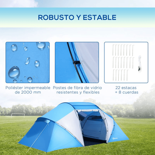 Outsunny Tenda de Campismo Familiar para 4 Pessoas Tenda de Campismo Dobrável com Bolsa de Transporte Impermeável para Praia Parque 430x240x170 cm Azul e Branco