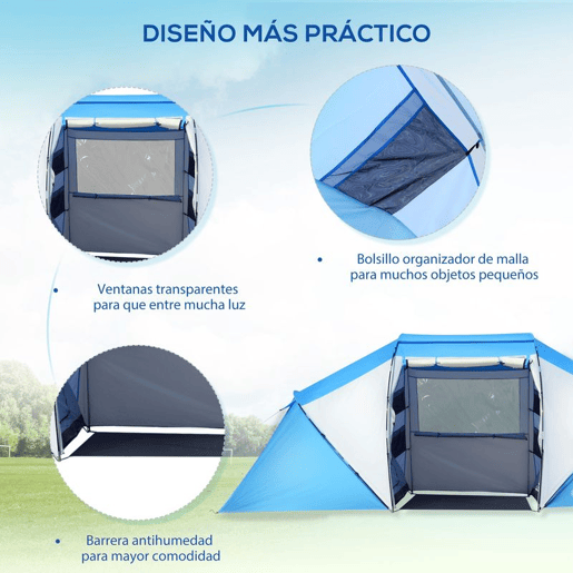 Outsunny Tenda de Campismo Familiar para 4 Pessoas Tenda de Campismo Dobrável com Bolsa de Transporte Impermeável para Praia Parque 430x240x170 cm Azul e Branco
