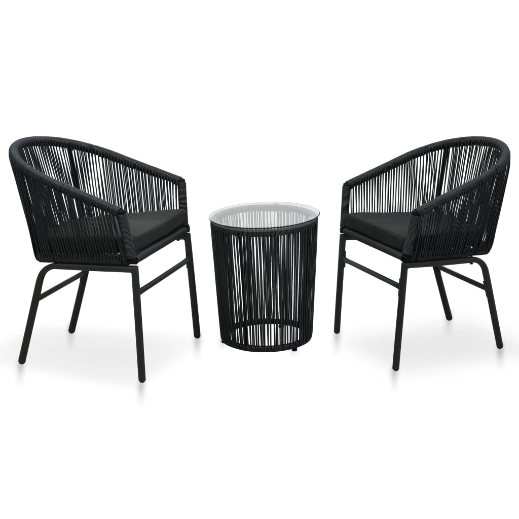 Set mesa y sillas de jardín 3 pzas y cojines ratán pe negro