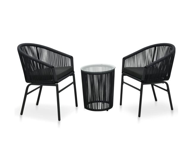 Set mesa y sillas de jardín 3 pzas y cojines ratán pe negro