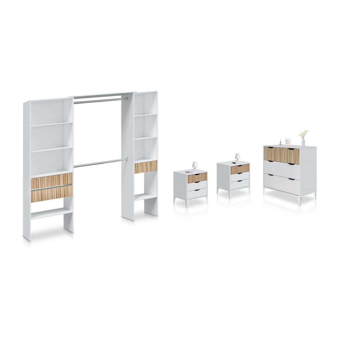 Pack ormitorio con mesitas de noche, cómoda y armario vestidor en blanco artik y natur 190 cm nitza on blanco artik (blanco mate) - natur 190 x 187 x
