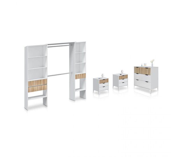 Pack ormitorio con mesitas de noche, cómoda y armario vestidor en blanco artik y natur 190 cm nitza on blanco artik (blanco mate) - natur 190 x 187 x