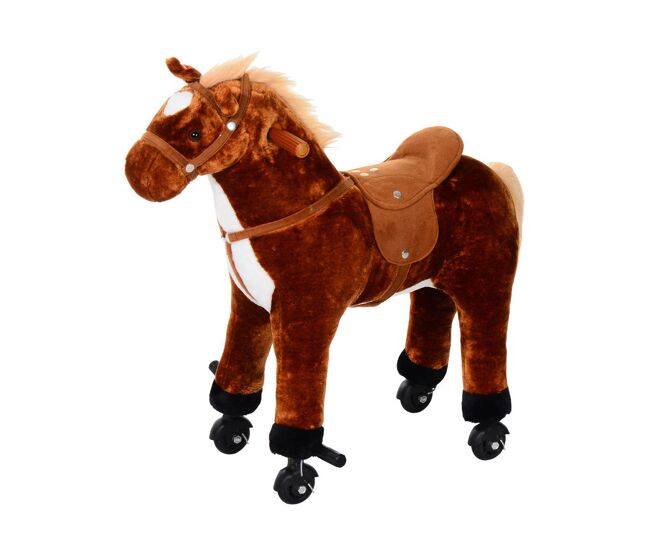 Homcom caballo de juguete para niños de +2 años caballo de juguete con ruedas sonidos y estructura de metal carga 60kg 65x28x75 cm marrón