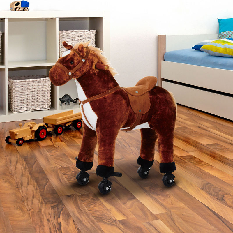 HOMCOM Caballo De Juguete Para Niños De 3 Años Con Sonidos Y Estructura De Metal Carga 60kg 85x28x60 Cm Beige~1oq6tch38bg00
